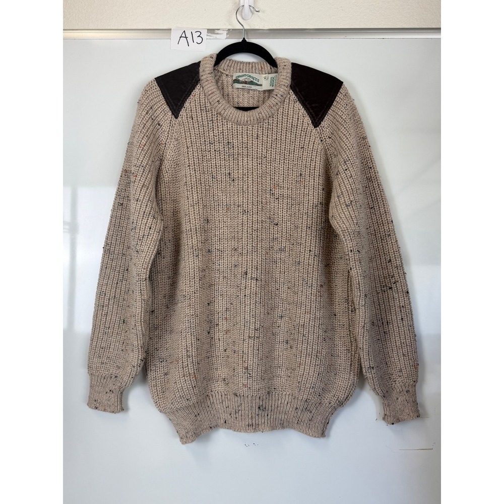 Aran Crafts Ireland Mens XL Wool Donegal Fleck Sweater Suede Patch Oatmeal Brown